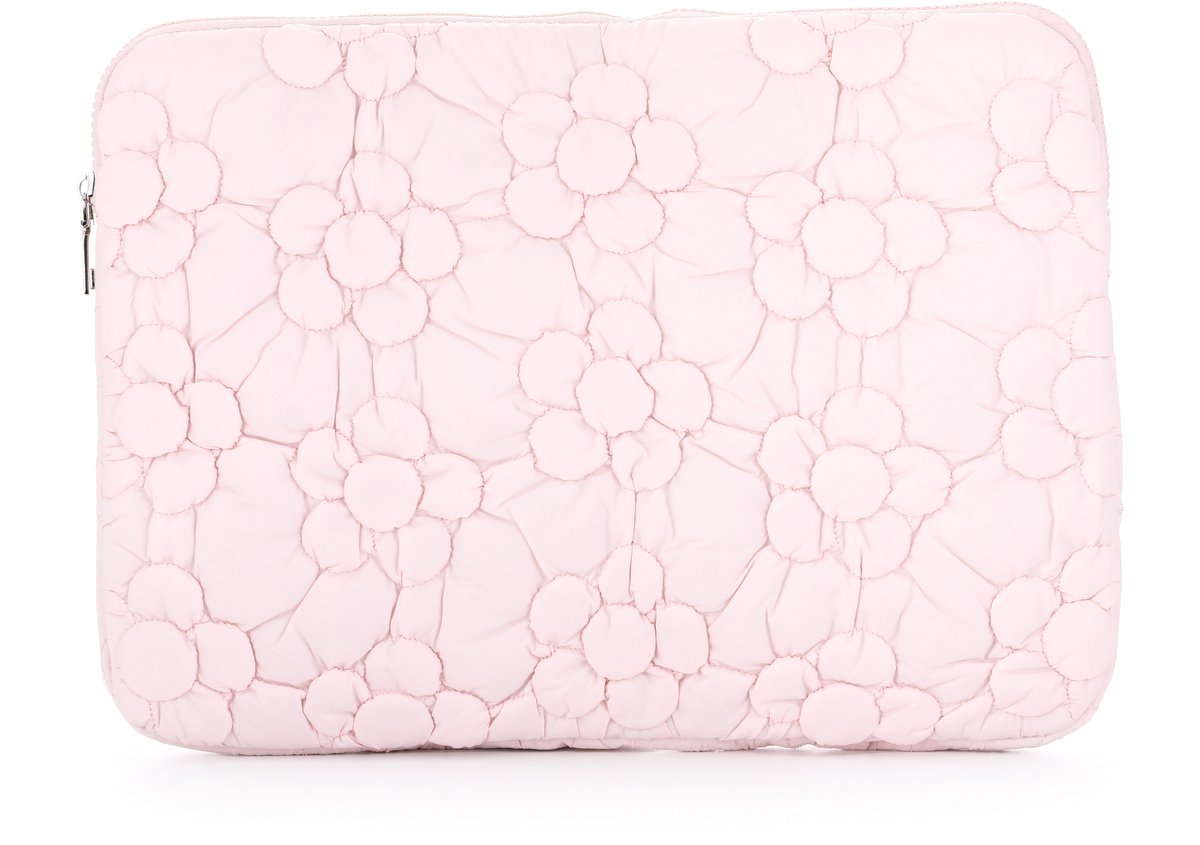 Gevoerde Laptophoes met Reliëf Bloemenpatroon – Schokbestendige Laptop Sleeve – Modieuze Beschermhoes met Puffer-Effect en Ritssluiting - Roze