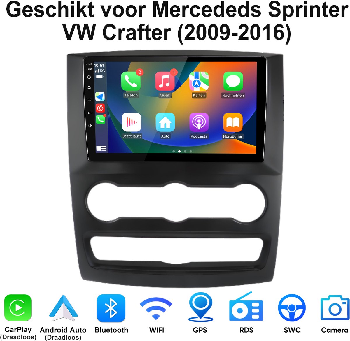 JUNSUN Android 15 AutoRadio Geschikt voor Mercededs Sprinter VW Crafter (2009-2016) - 2GB+64GB, Draadloze CarPlay & Andriod Auto, GPS-navigatiesysteem, WiFi, Bluetooth, Stuurwielbediening, RDS, USB, FM, 10-inch Touchscreen, DSP, Quad-core processor