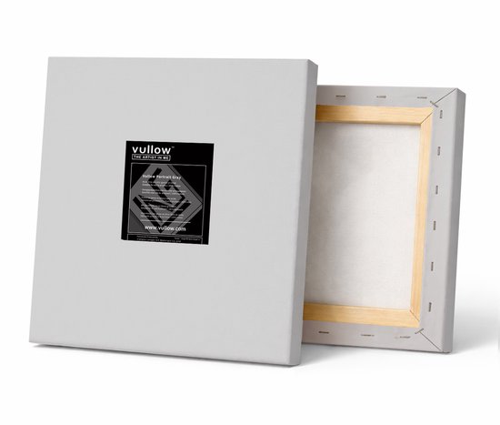 Lichtgrijs canvasdoek met label: "Vullow Portrait Grey". Achterkant toont houten frame.