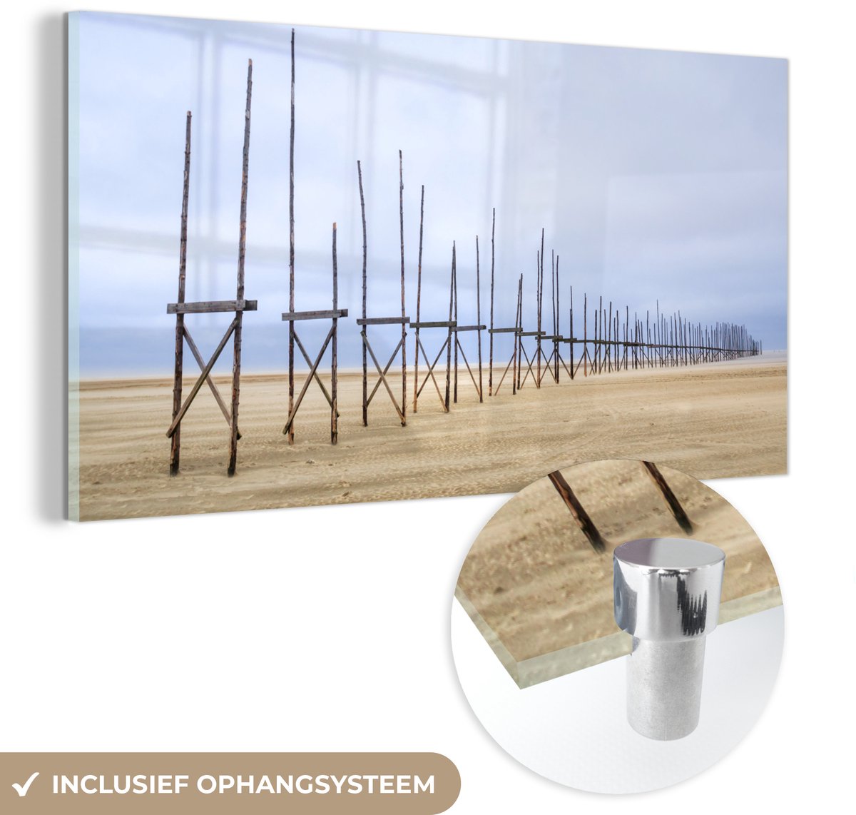 ® Glasschilderij 160x80 cm - Schilderij acrylglas - Palen op het strand van Vlieland - Fot