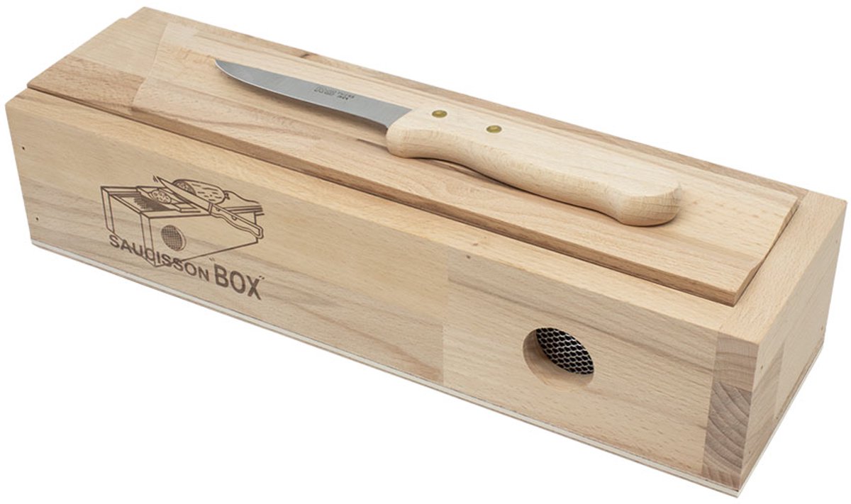 R.O. Design - Bewaardoos Hout voor Worst - Met Mes - 33 x 9 x 7,5 cm