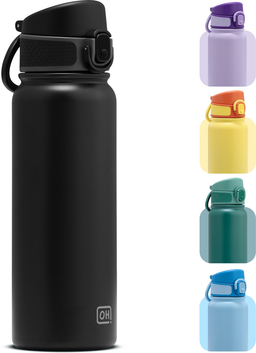 BentOH! RVS Waterfles 600ml Kinderen & Volwassenen - Zwart - Anti-overloop & Lekvrij – Met Eén Hand te Openen – BPA-vrij & Vaatwasserbestendig