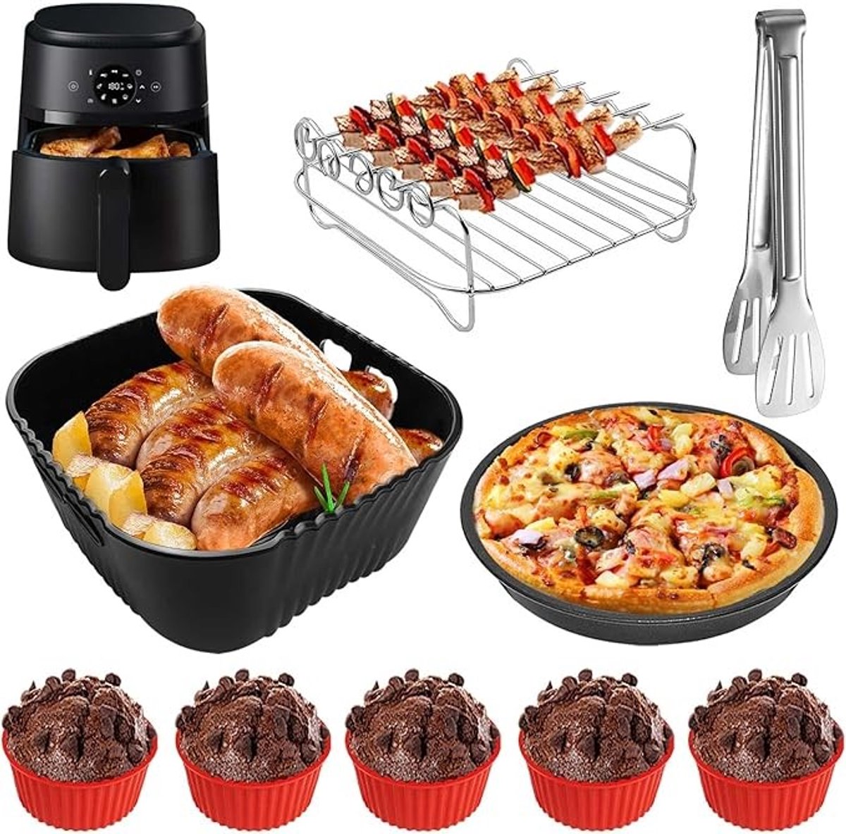 9-delige Airfryer Accessoireset - Siliconen Vormen & Grillrooster