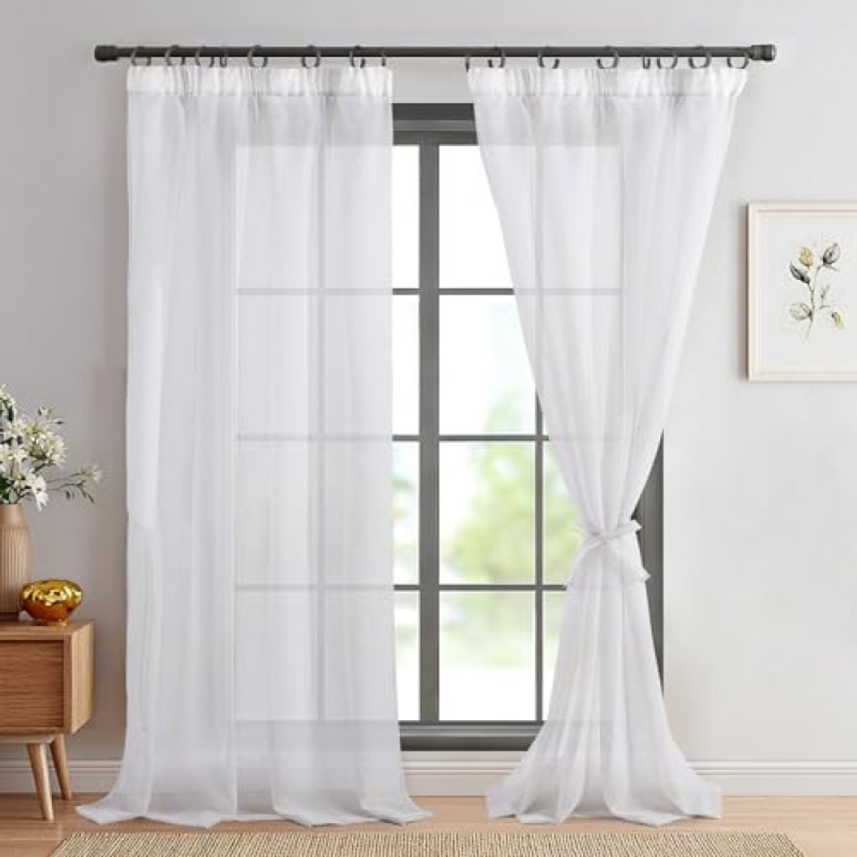 Voile gordijnen met plooiband, linnenlook, 2 stuks, halfdoorzichtig, 260 x 140 cm, wit