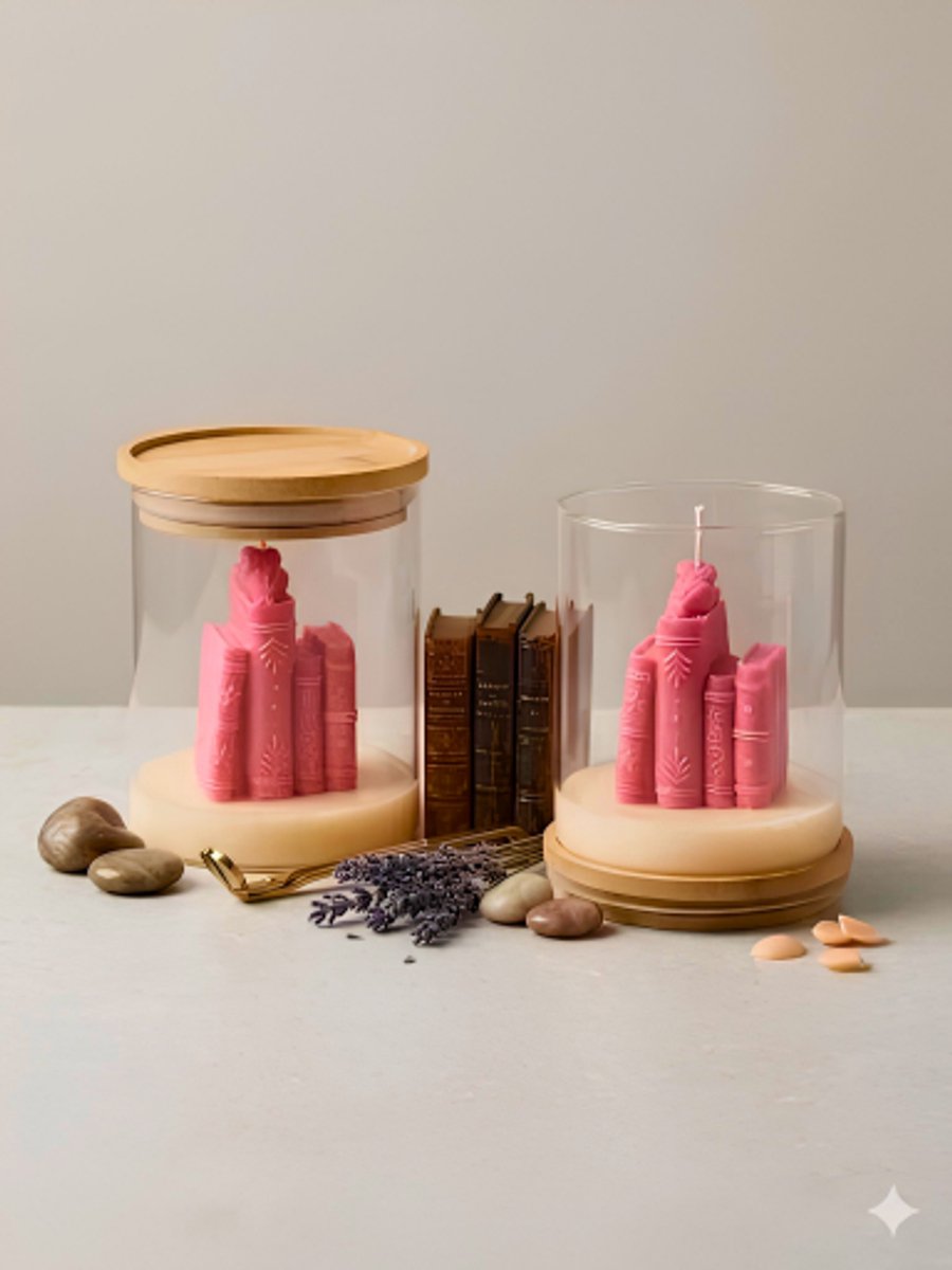 Lumen and Lux Candles Luxe Kaars in de Vorm van een Boekenstapel – Roos kleur – Handgemaakt & Decoratief - Juffrouw - Meester