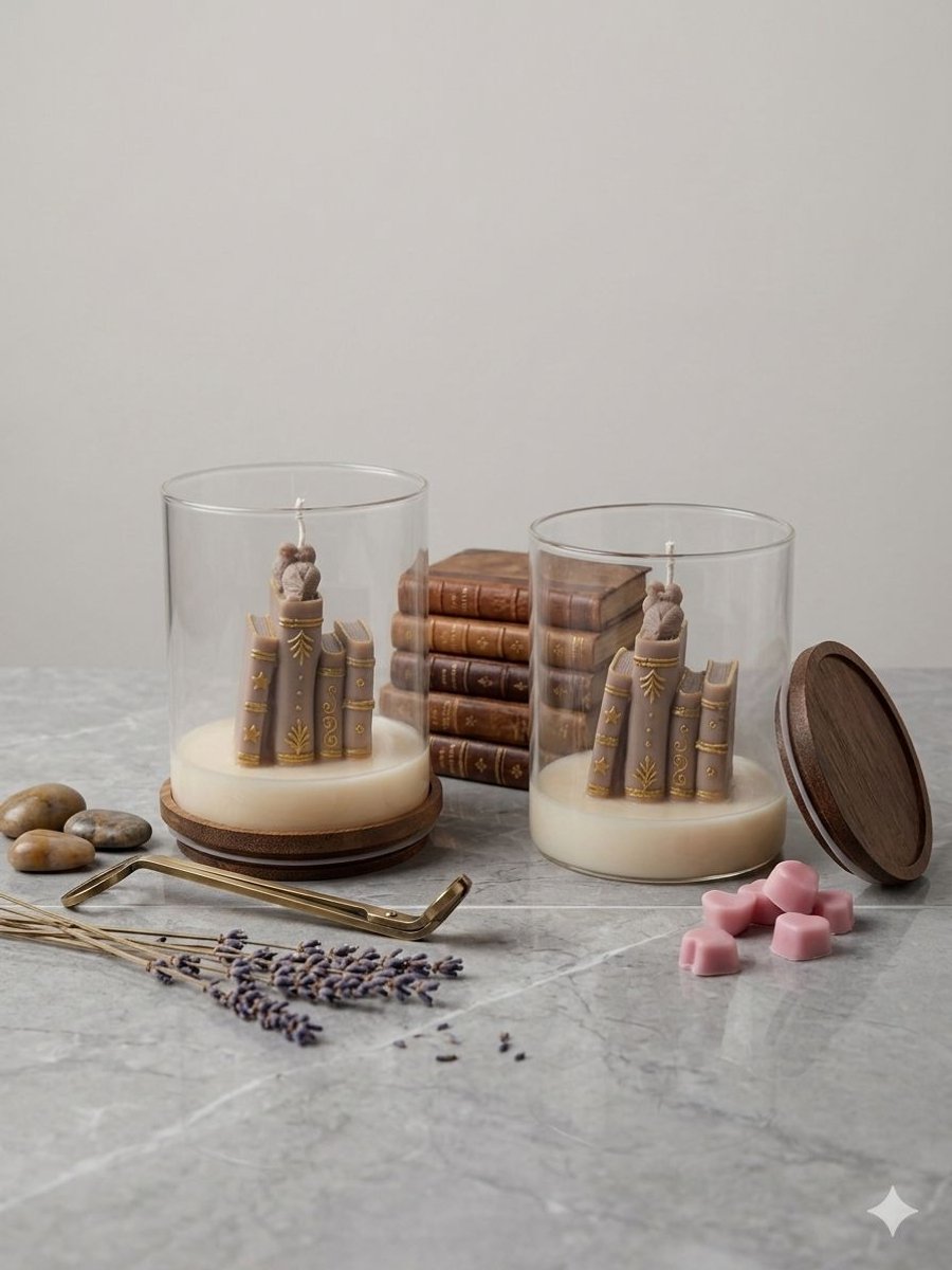 Lumen and Lux Candles Luxe Kaars in de Vorm van een Boekenstapel – Taupe – Handgemaakt & Decoratief – Luxe Glazen Pot - Juffrouw - Meester