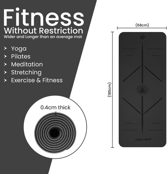 Yogamat - Fitnessmat Pilatesmat - Thuis sporten - Met uitlijning lijnen - 185x68cm - Zwart van Yogamat — afbeelding 5