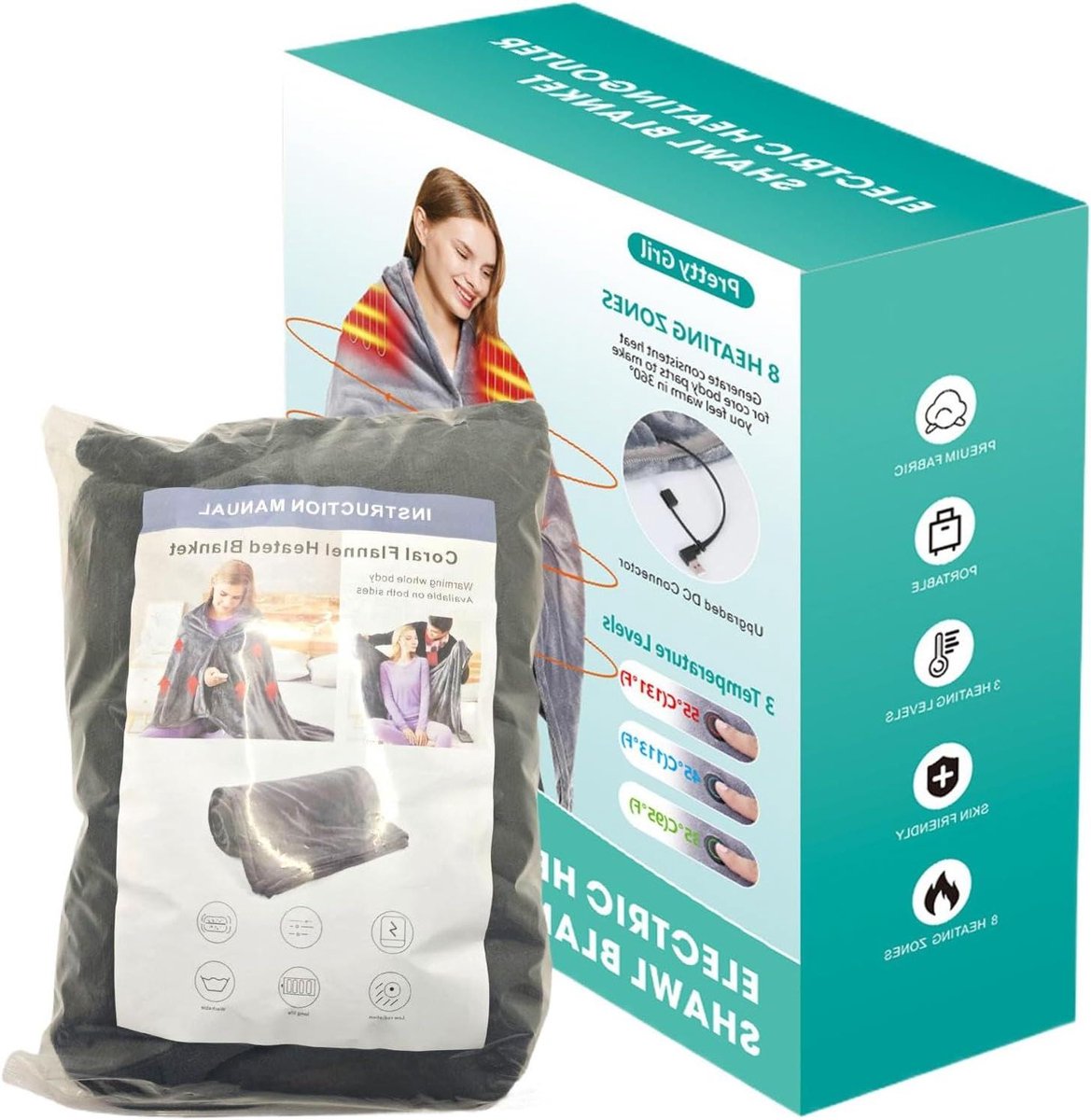 Verwarmde Deken - Elektrische Sjaal - Comfort Verwarmen - Snelle Verwarming - 150x80cm - Grijs