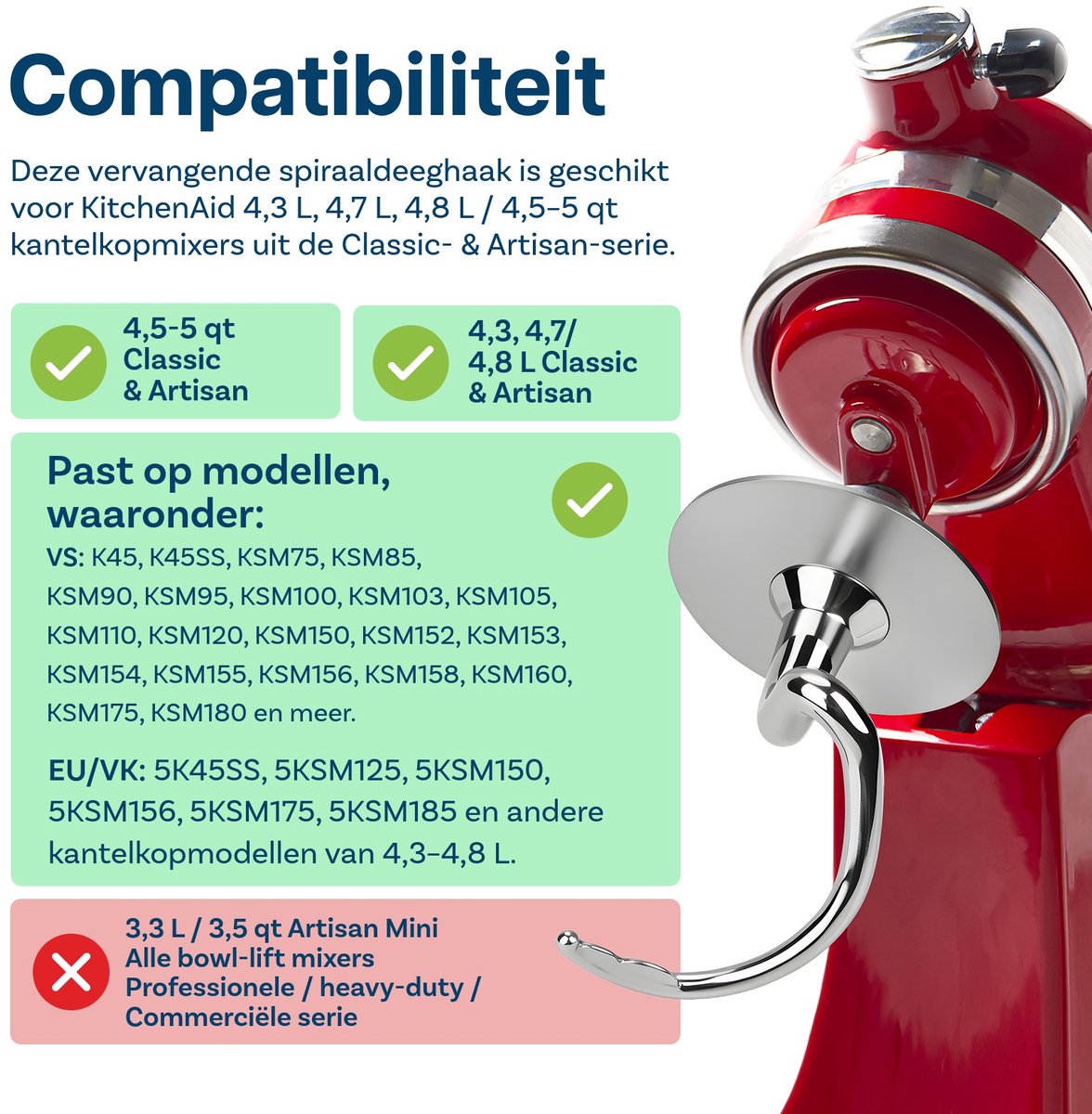MMOBIEL Roestvrijstalen Spiraal Deeghaak K45DH voor KitchenAid 4,5-5 Quart Tilt-Head Stand Mixers Artisan & Classic Series - Vervangende Broodhaak – Vaatwasmachinebestendig thumbnail 8