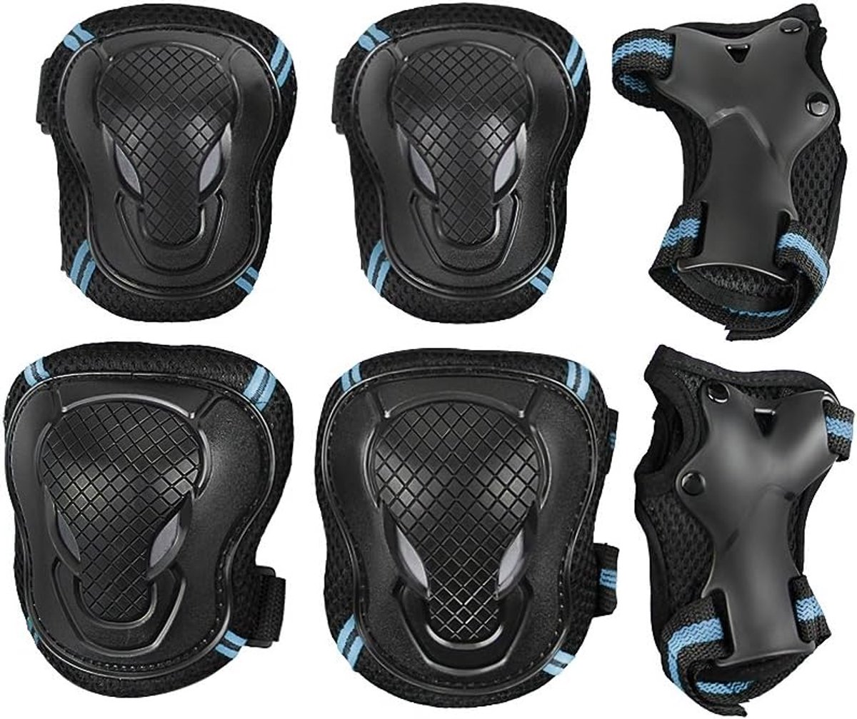 Beschermset Sport - Knieschoner Ellenbogenschützer Polsbeschermers - 6 Delen Set - Schokabsorberend Neopreen Design - Voor Skaten Fietsen en Rolsporten - Zwart Blauw M