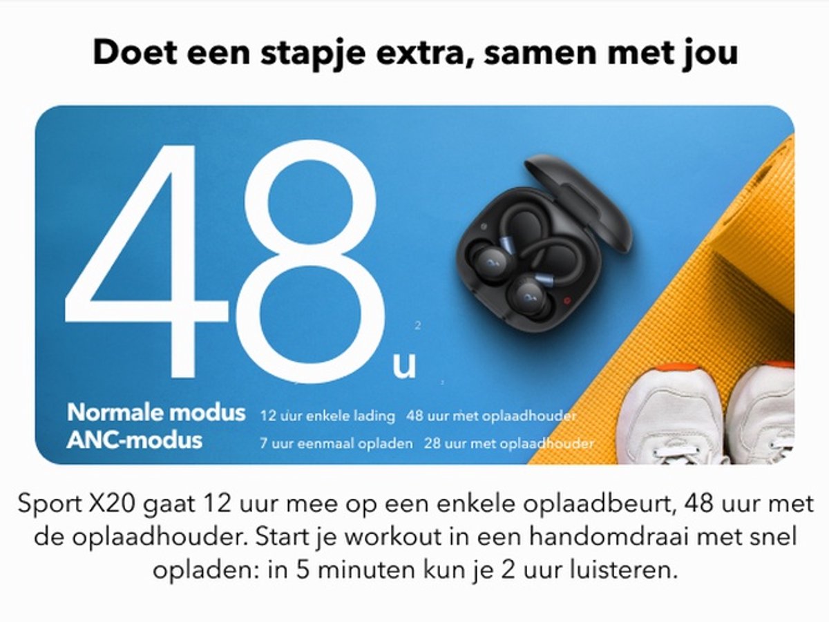 soundcore Sport X20 oordopjes by Anker - draadloze sport oordopjes met oorhaak - Bluetooth - Noise cancelling - Diepe bas - IP68 waterdicht - Zweetbestendig - 48 uur batterij - Sport oortjes voor hardlopen - Fitness en gym thumbnail 5