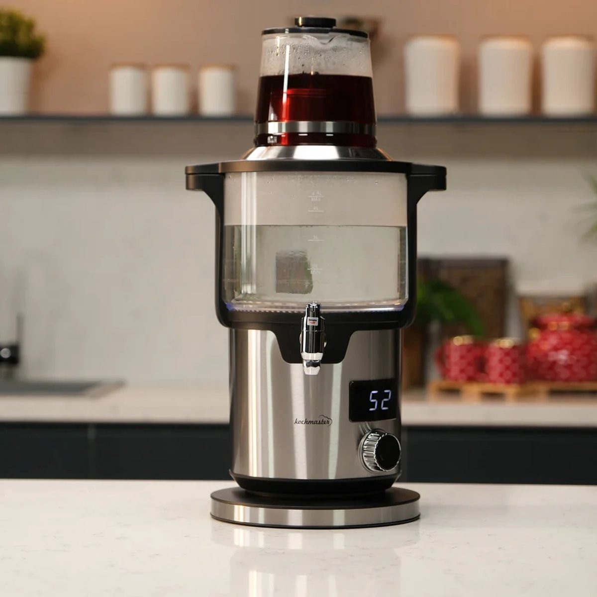 Kochmaster Aura Elektrische Glazen Samovar – 4,5L + 1,1L – 2000W – Digitale Display – Warmhoudfunctie