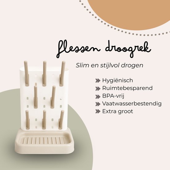 Jikkies Flessendroogrek Baby - 9 Haken met Afdruipbak & Borstelhouder - BPA-vrij & Vaatwasserbestendig - Beige Mosterd van Merkloos — afbeelding 4