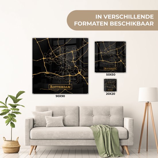 Peinture sur Verre - Carte - Rotterdam - Zwart - Or - 90x90 cm - Peintures sur Verre Peintures - Photo sur Glas