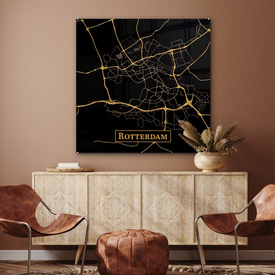 Peinture sur Verre - Carte - Rotterdam - Zwart - Or - 90x90 cm - Peintures sur Verre Peintures - Photo sur Glas