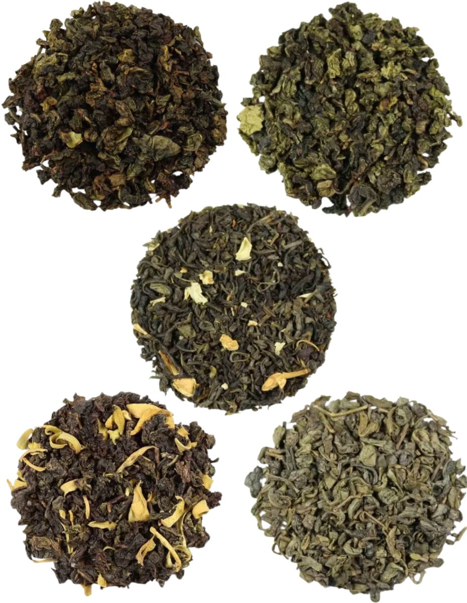 Proefpakket Oolong & China – 5 x 15g Losse Thee – Oolong, Milky Oolong, Oolong Sinaasappel, China Jasmijn & China Gunpowder