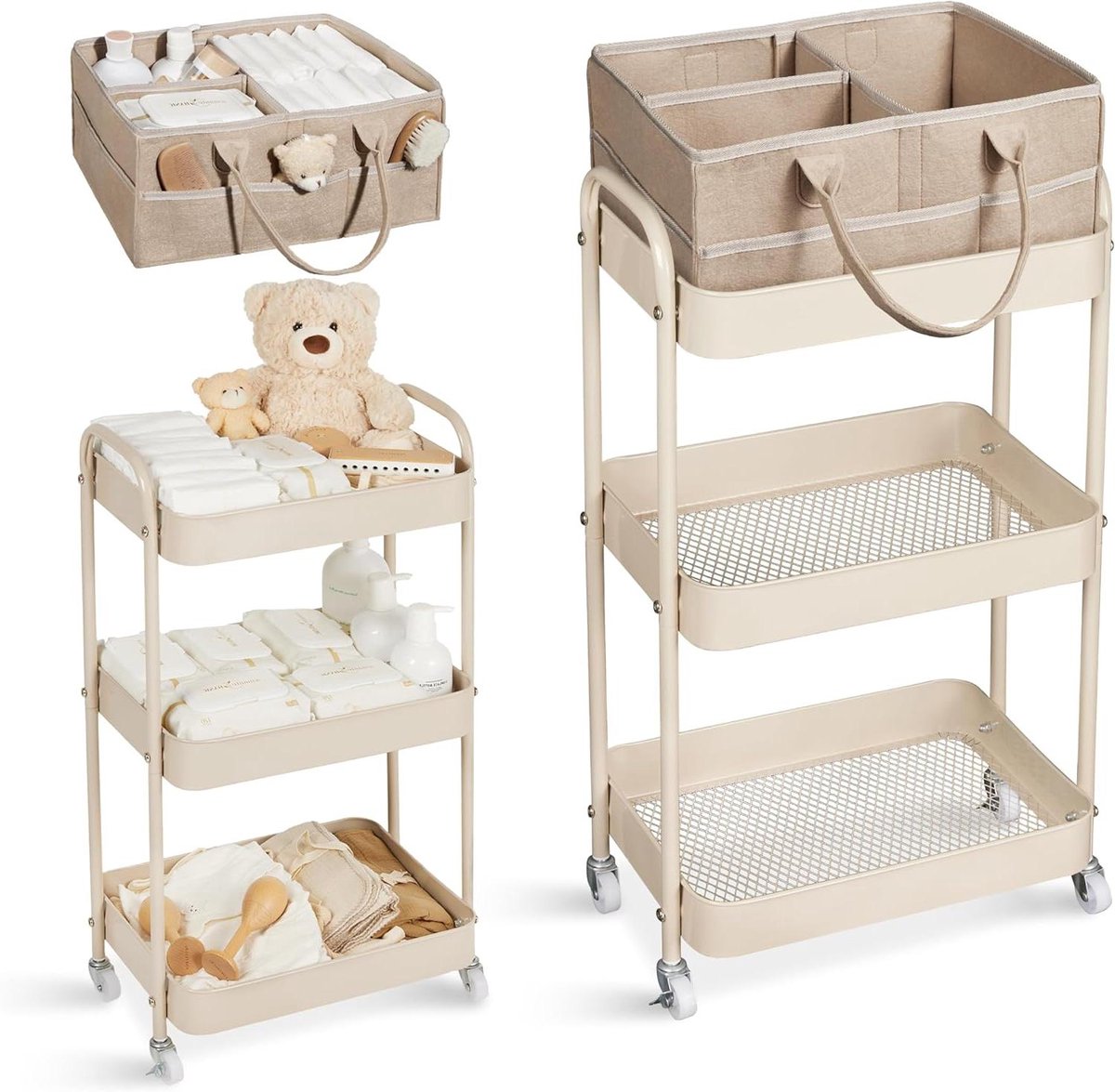 Opbergwagen Babykamer - Nachtkastje Organizer - Baby Spullen Opslag - Verrijdbaar en Verwijderbaar - 3 Lagen - Bruin