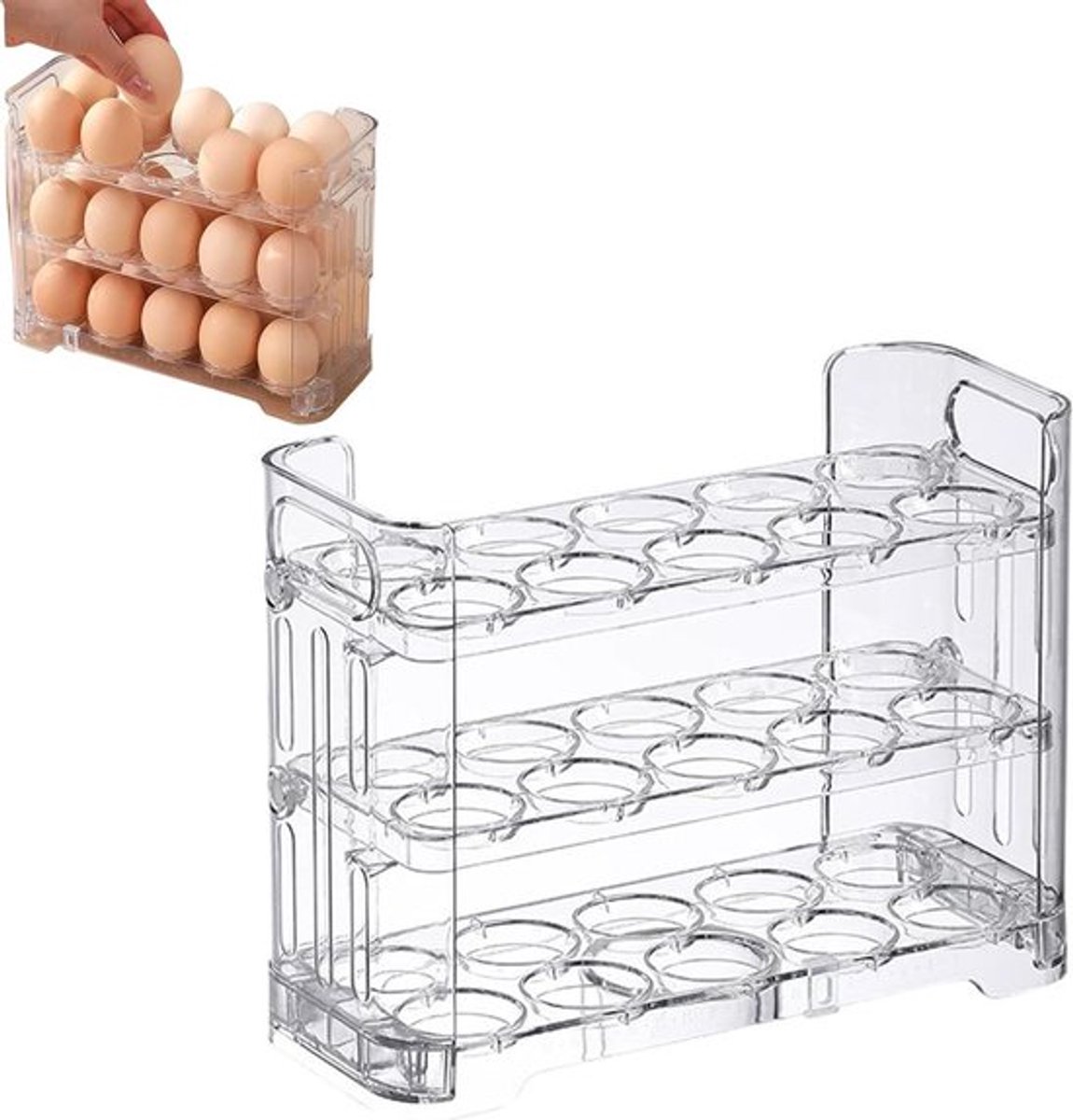 Transparante eieropbergdoos met 30 capaciteiten en flip-ontwerp, ruimtebesparende organizer voor keuken en koelkast.