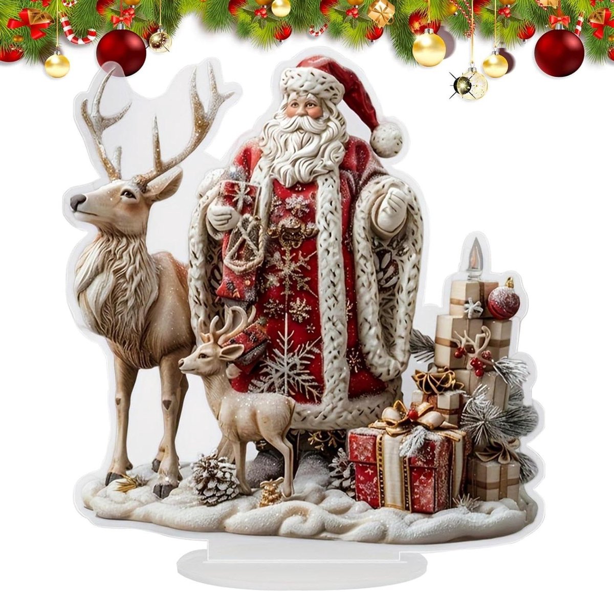 Kerstbeeldje Santa Rendier - Kerstfiguren eland - Feestelijke decoratie - Gemaakt van acryl - Ca. 20 cm hoog - Meerkleurig