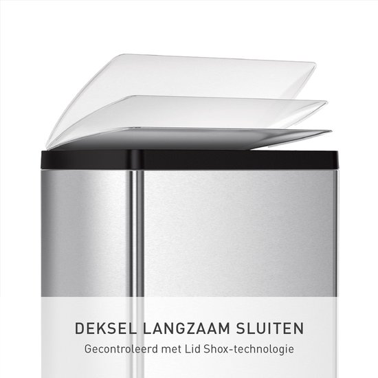 Bovenaanzicht van een RVS pedaalemmer met een langzaam sluitend deksel. Tekst: DEKSEL LANGZAAM SLUITEN.
