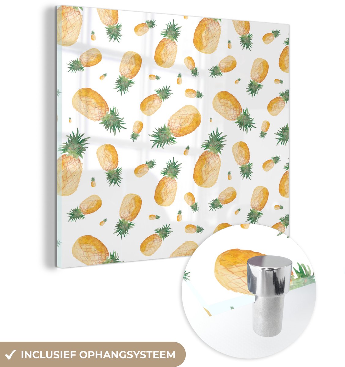 ® Glasschilderij 20x20 cm - Schilderij acrylglas - Ananas - Fruit - Design - Foto op glas - Muurdecoratie woonkamer - Wanddecoratie slaapkamer - Schilderijen
