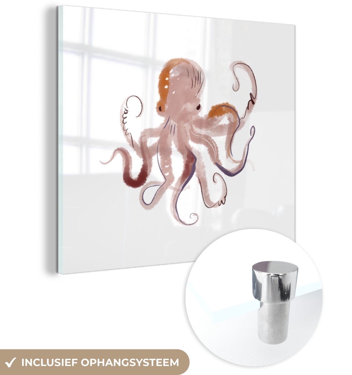 ® Glasschilderij 90x90 cm - Schilderij acrylglas - Octopus - Zee - Waterverf - Tekening - Foto op glas - Muurdecoratie woonkamer - Wanddecoratie slaapkamer - Schilderijen