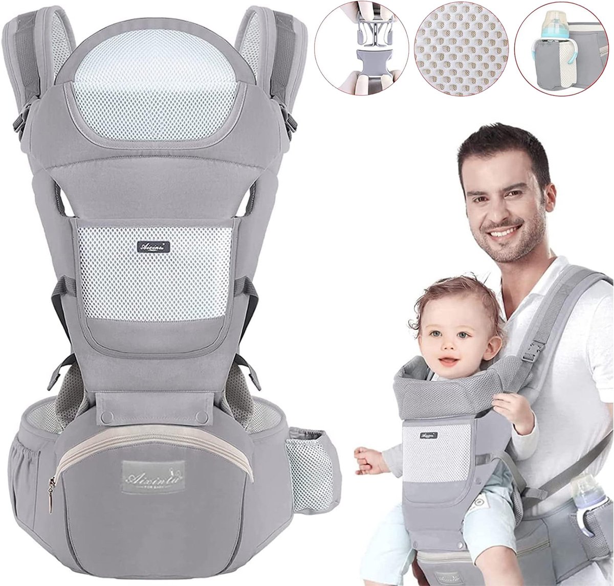 MIVRAY Draagzakken - Lichtgewicht Heupdrager Met Ergonomische Draagzak, Hip‑Seat Babytrage Voor 3-20kg, Ventilerend En Comfortabel, Katoen, Grijs