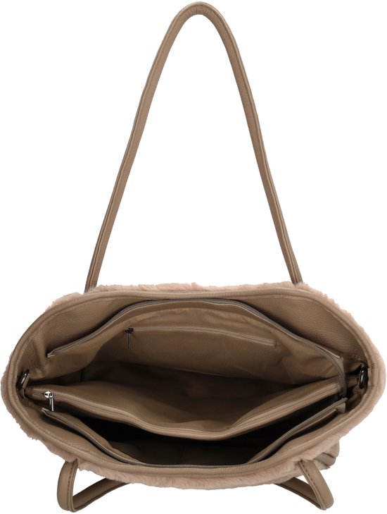Open lichtbruine shopper van nepbont met leren randen en hengsels.