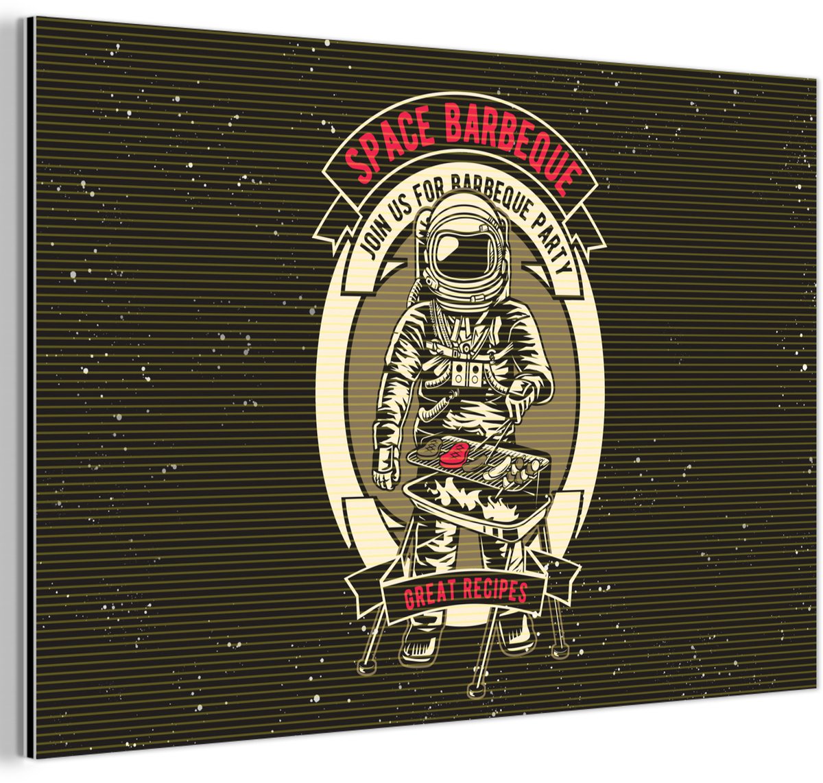Aluminium schilderij 150x100 cm - Wanddecoratie metaal - Vintage - Astronaut - BBQ - Metal