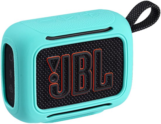 Turquoise JBL Go 3 speakerhoes met zwarte stof en oranje JBL logo. Met lus.