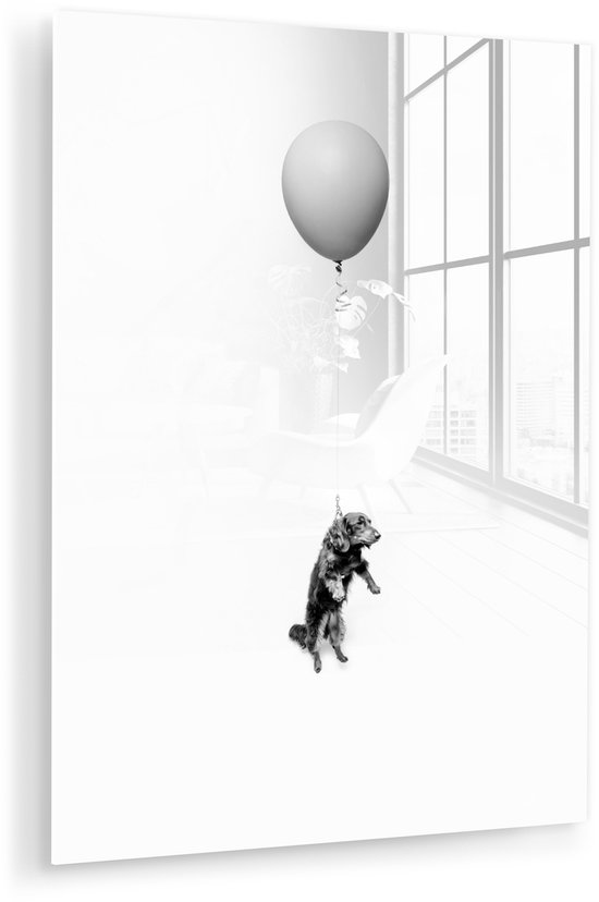 ® Glasschilderij 120x160 cm - Schilderij acrylglas - Teckel aan een roze ballon - Foto op glas - Muurdecoratie woonkamer - Wanddecoratie slaapkamer - Schilderijen