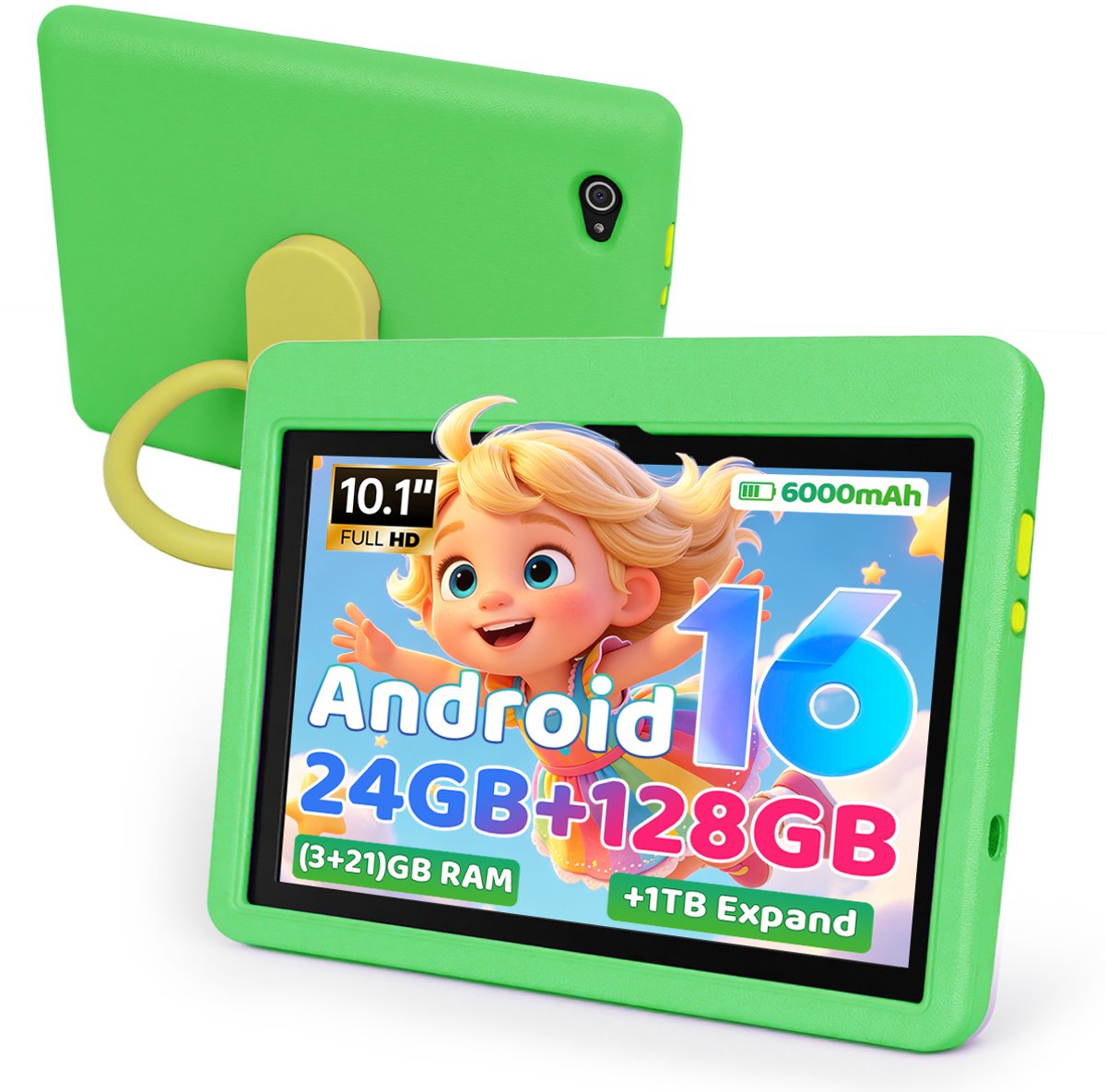 Kindertablet vanaf 3 jaar– 128 GB ROM - 10 inch HD IPS - Android 16 Kinder Tablet- 6000 mAh - WiFi 6 - Ouderlijk Toezicht - Inclusief kindvriendelijk siliconen hoesje - Groente
