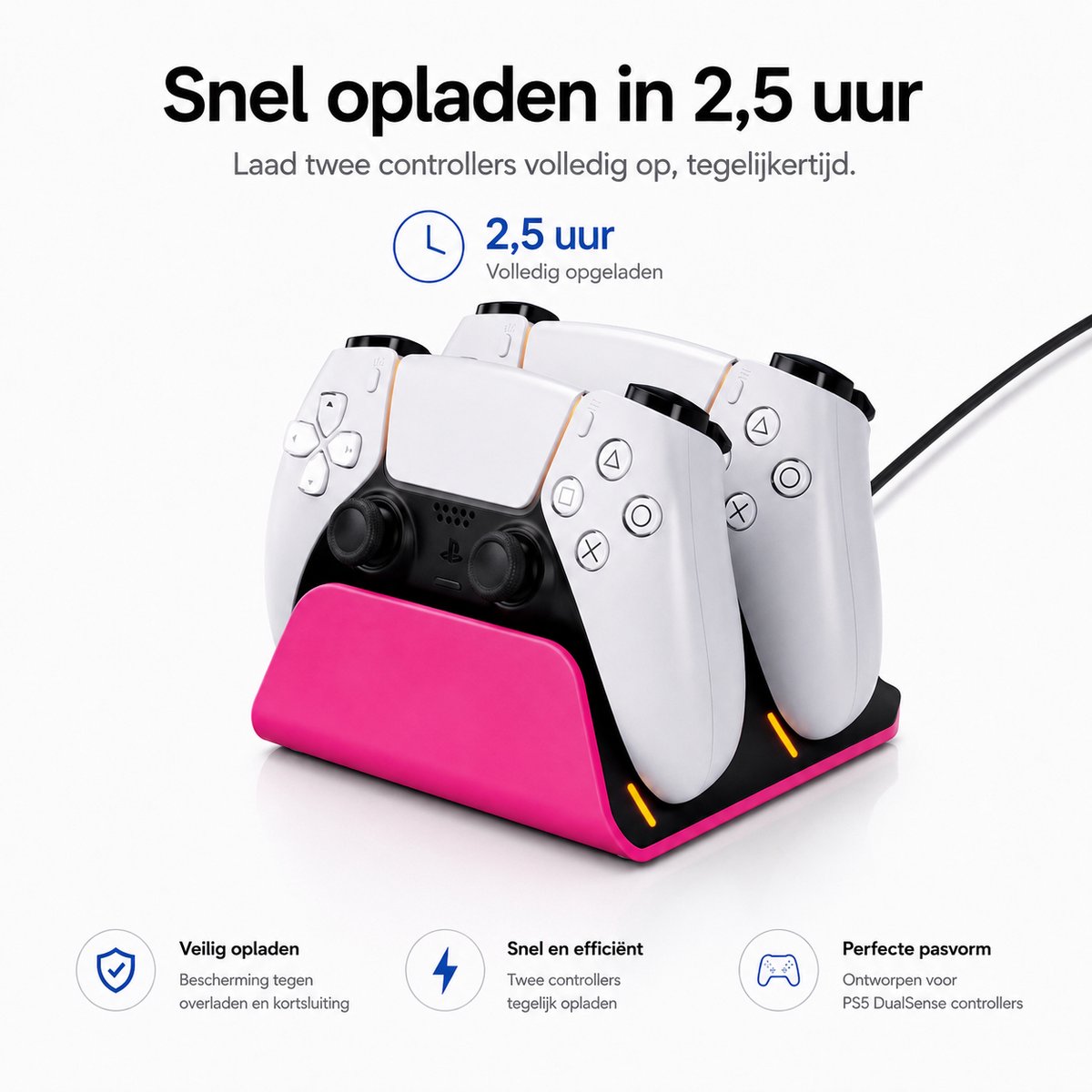 Sounix Oplaadstation geschikt voor PS5 / PS5 Slim / PS5 PRO / DualSense Controller - PS5 accessoires - Dual Oplader - Charging Dock - Roze – foto 7
