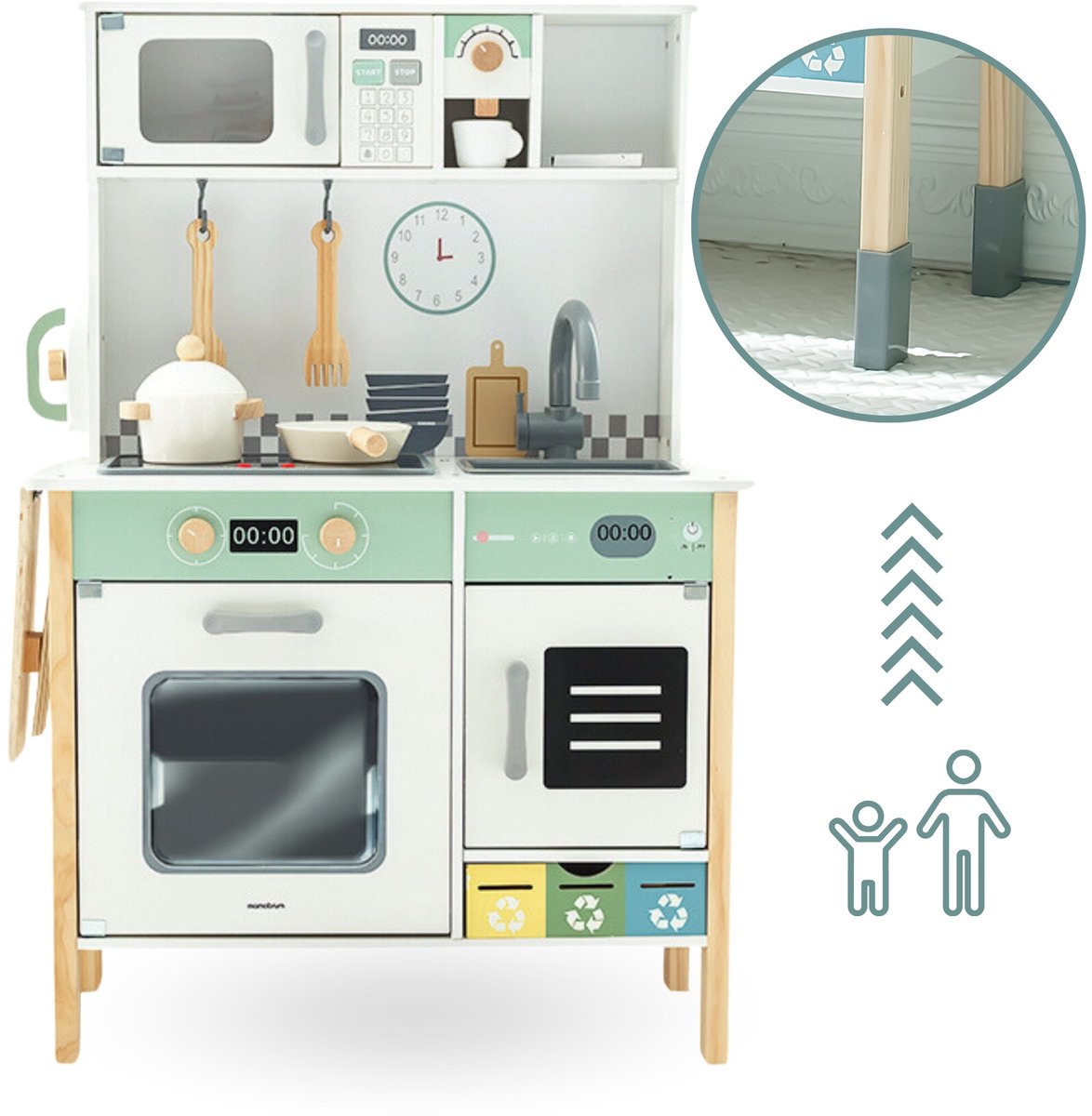 Mamabrum Houten Speelkeuken met Wasmachine, Vaatwasser en Schoolbord – Interactieve Kinderkeuken met Licht & Geluid – Verstelbare Hoogte – Inclusief Accessoires — afbeelding 2