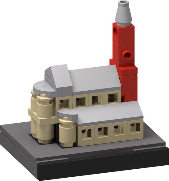 Model van de Sint Janskerk met beige muren, grijs dak en rode kerktoren.