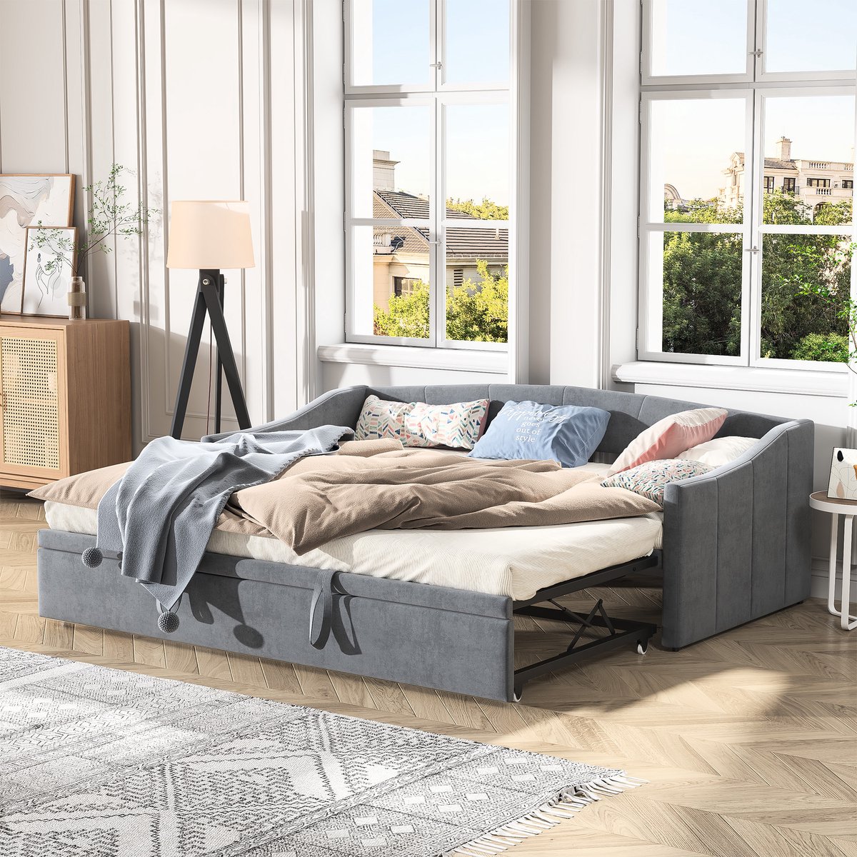 Gestoffeerd Daybed 90x200 cm met Lattenbodem,Uitschuifbed,Ruimtebesparend Voor Logeerkamer,Fluweel,Grijs,Zonder Matras