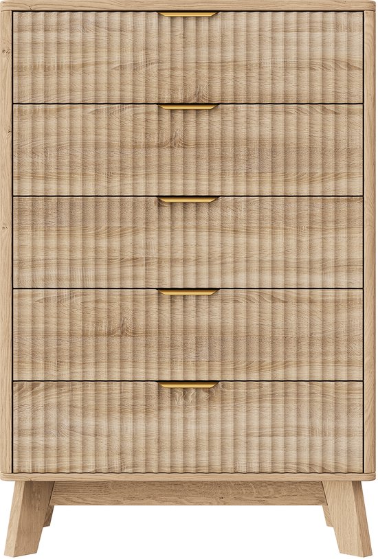 Houten ladekast met 5 golvende fronten en gouden handgrepen, op houten poten.