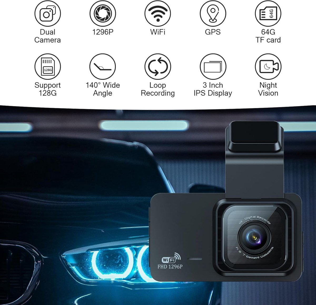 1296P Dash Cam voor en achter dubbele lens Dashcam WiFi GPS in auto camera Dashboard Camera met 64 GB SD-kaart, nachtzicht, Full HD, Loop opname, 140 groothoek, APP-bediening, 3 inch IPS-scherm, Max – foto 5
