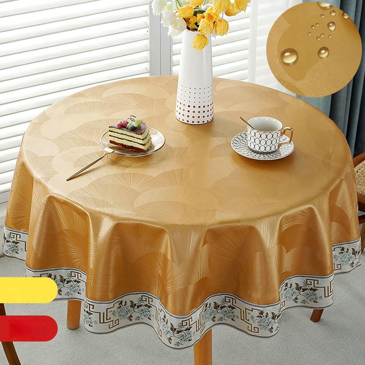 Tafelkleed rond - Decoratief kleed - Eettafel decoreren - Borduursel patroon - 180 cm - Goudgeel