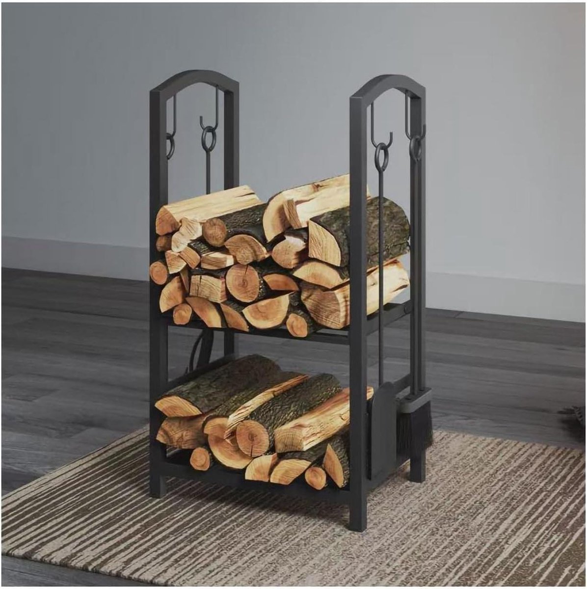 Brandhoutrek met gereedschap - Haard Accessoires - Haard Onderhoud - Dubbellaags Ontwerp - 40x34x74cm - Zwart