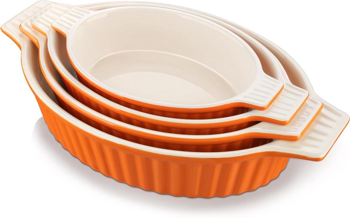 Porseleinen Bakvorm - Ovenschaal Set - Cakes Bakken - Dubbele Handgrepen - 4 Delig - Oranje