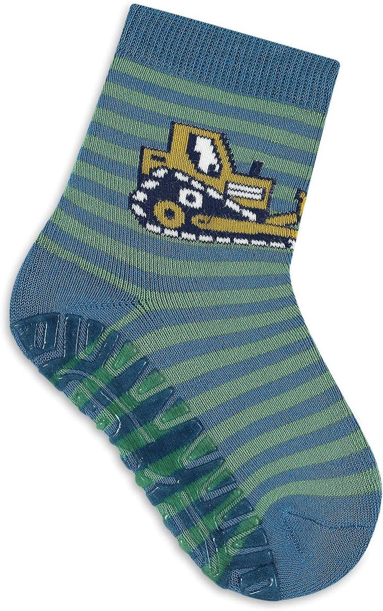 Slippersokken baby - Zachte sokken - Binnen spelen - Graafmachine motief - Baby jongens - Blauw