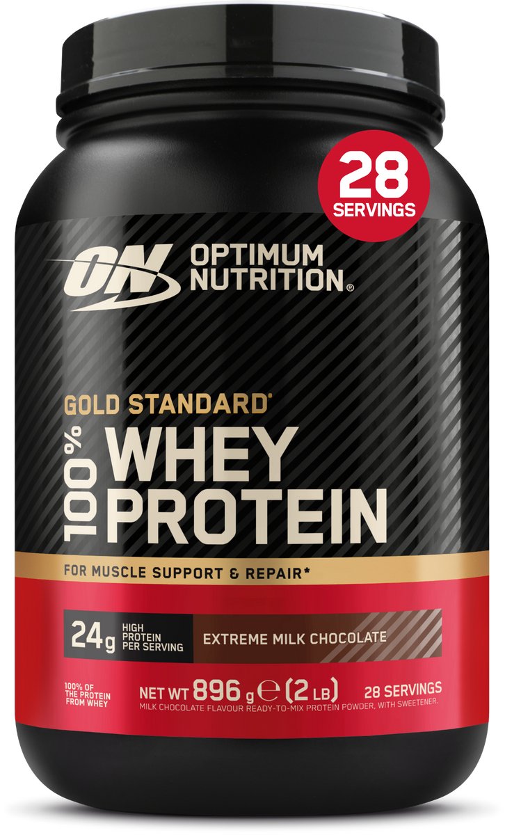 Bol.com Optimum Nutrition Gold Standard 100% Whey Protein - Extreme Milk Chocolate - Proteine Poeder - Eiwitshake - 900 gram (28... aanbieding
