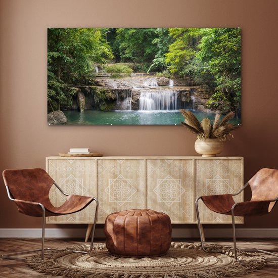 Peinture sur verre - Arbres verts le long de la rivière au-dessus d'une cascade dans le parc national d'Erawan - 160x80 cm - Peintures sur verre acrylique - Photo sur Glas