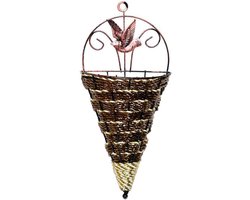 Plantenbak - 30*14*7,5 cm - Driehoekige bloemenmand - ijzeren rotan decoratieve hangmand - Aan de muur bevestigde bloemenmand - woondecoratie - bloemenstandaarddecoratie - voor droogbloemen en potplanten - bruin