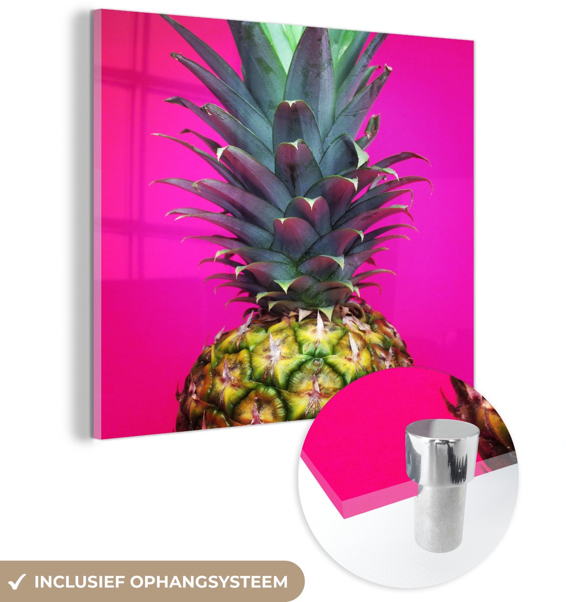 ® Glasschilderij 50x50 cm - Schilderij acrylglas - Ananas - Fruit - Roze - Foto op glas - Muurdecoratie woonkamer - Wanddecoratie slaapkamer - Schilderijen