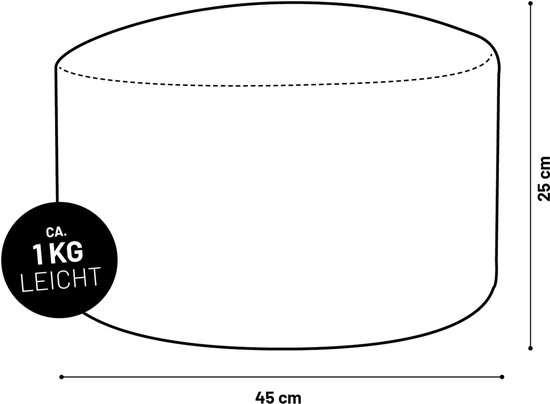 Schematische weergave van een poef met afmetingen 45 cm breed en 25 cm hoog. "CA. 1KG LEICHT".