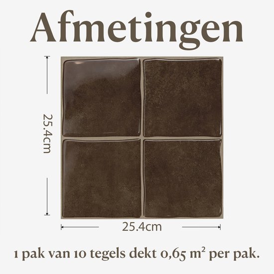 Vier donkerbruine, glanzende vierkante tegels met een afmeting van 25.4 x 25.4 cm. Per pak 10 tegels.
