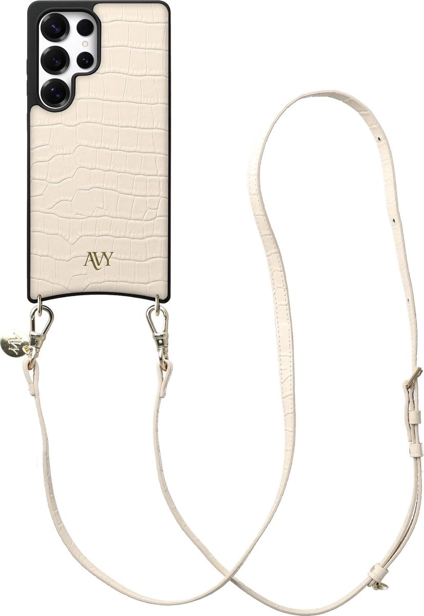 AVY Leren Hoesje Geschikt voor Samsung Galaxy S25 Ultra | Compatibel met MagSafe | Leather Case met Telefoonkoord | Crossbody | Croco Beige | Long Leather