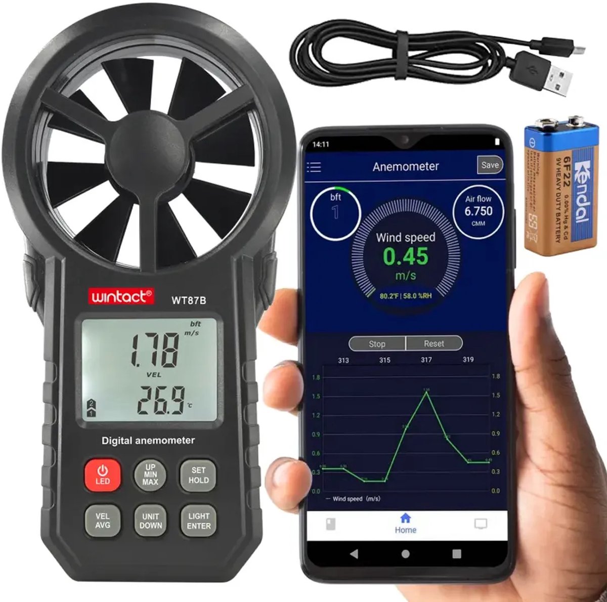 Wintact WT87B Bluetooth Windmeter – Anemometer met App & USB – Luchtvolume, Temperatuur & Luchtvochtigheid